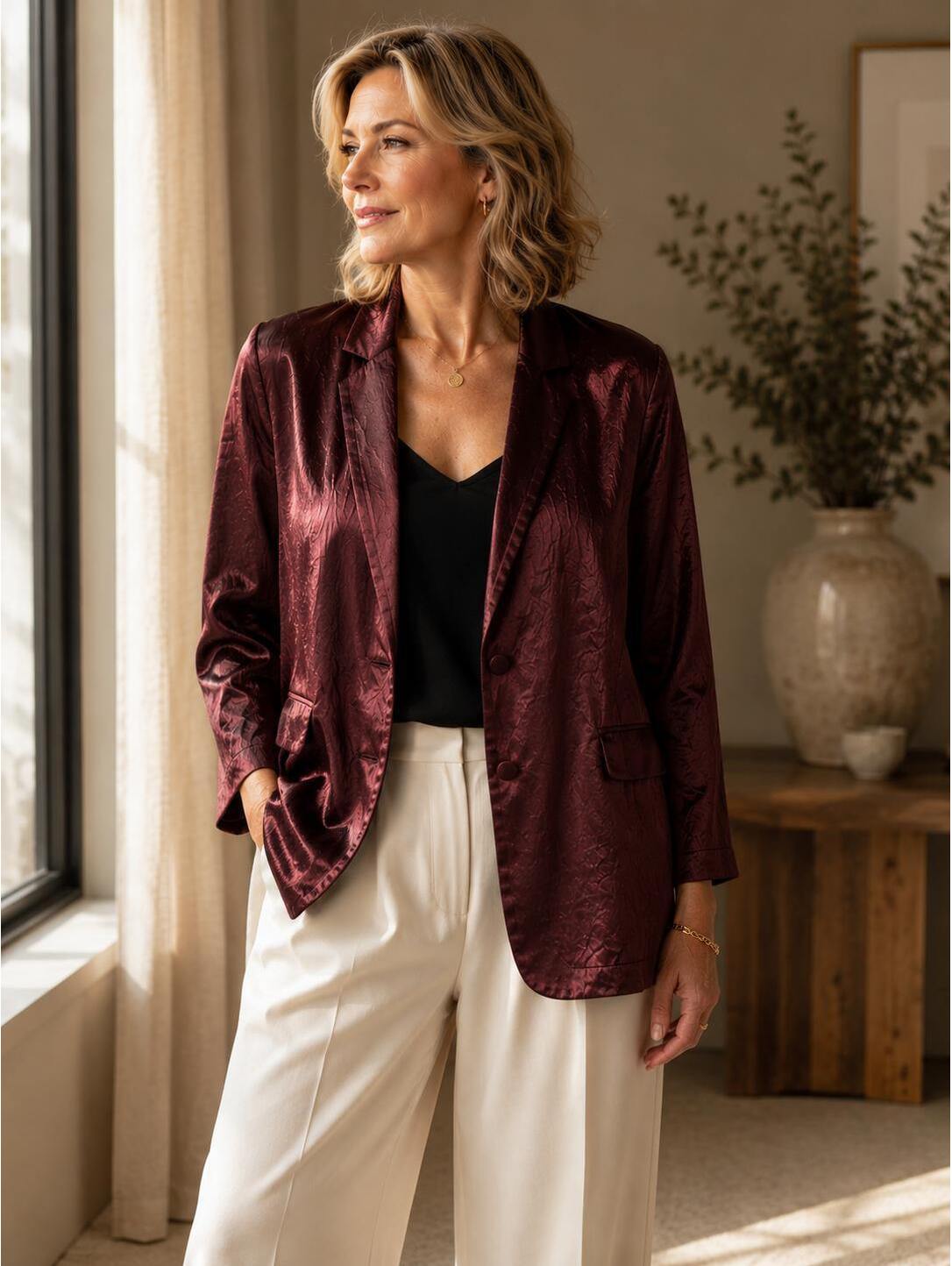 Eileen Fisher Women's Wine Satin Blazer Jacket Size M, Nwt